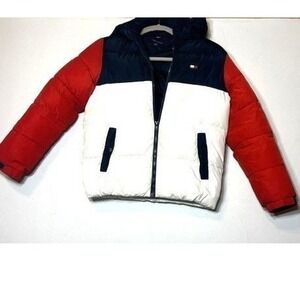 Tommy Hilfiger Kids Red White Blue Colorblock Hooded Puffer Jacket Size M 8-10